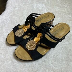Sun & Shadow Black Wedge Sandals with Gold Tone Medallion Accents Size 38